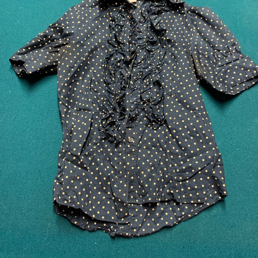 Polka Dot Ruffle Blouse - Navy and White